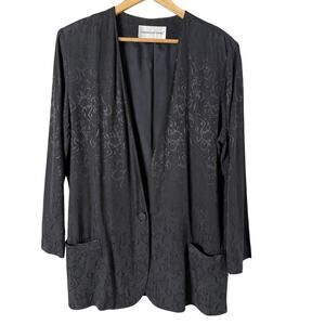 Vintage 80s Black‎ Silk Floral Jacquard Long Oversized Blazer Jacket, Size 12
